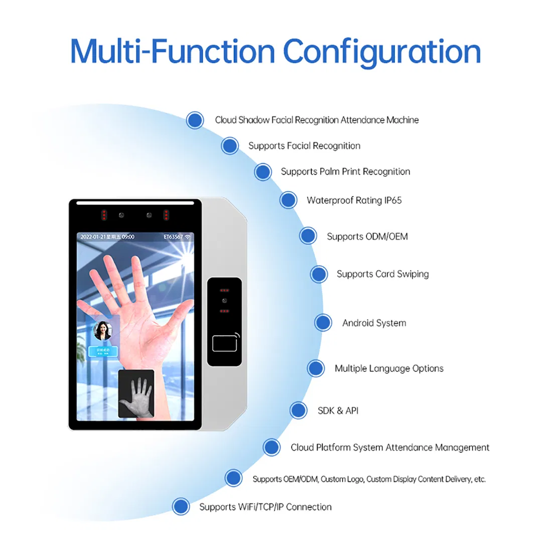 8 Inch School Reconnaissance Facial WiFi Face Palm Vien Recognition Device Biometric Access Control Time Attendance System