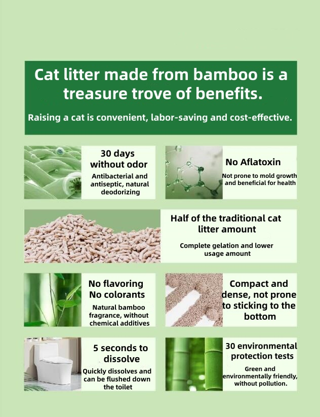 Bamboo Fiber Cat Litter with Bamboo Kun/Natural Antibacterial, Strong Absorption, Non-Moldy, Eco-Friendly Cat Litter