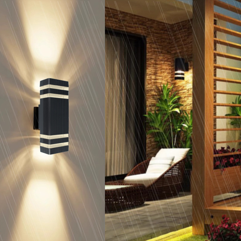 Outdoor Aluminum Wall Lamp Waterproof Double Head up and Down Square Lamp Solar Powered LED Light for Courtyard Corridor