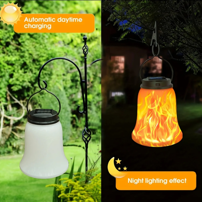Solar Outdoor Hanging Lanterns Bell-Shaped Solar Lights for Patio Garden Pathway Decoration Flame Lamp