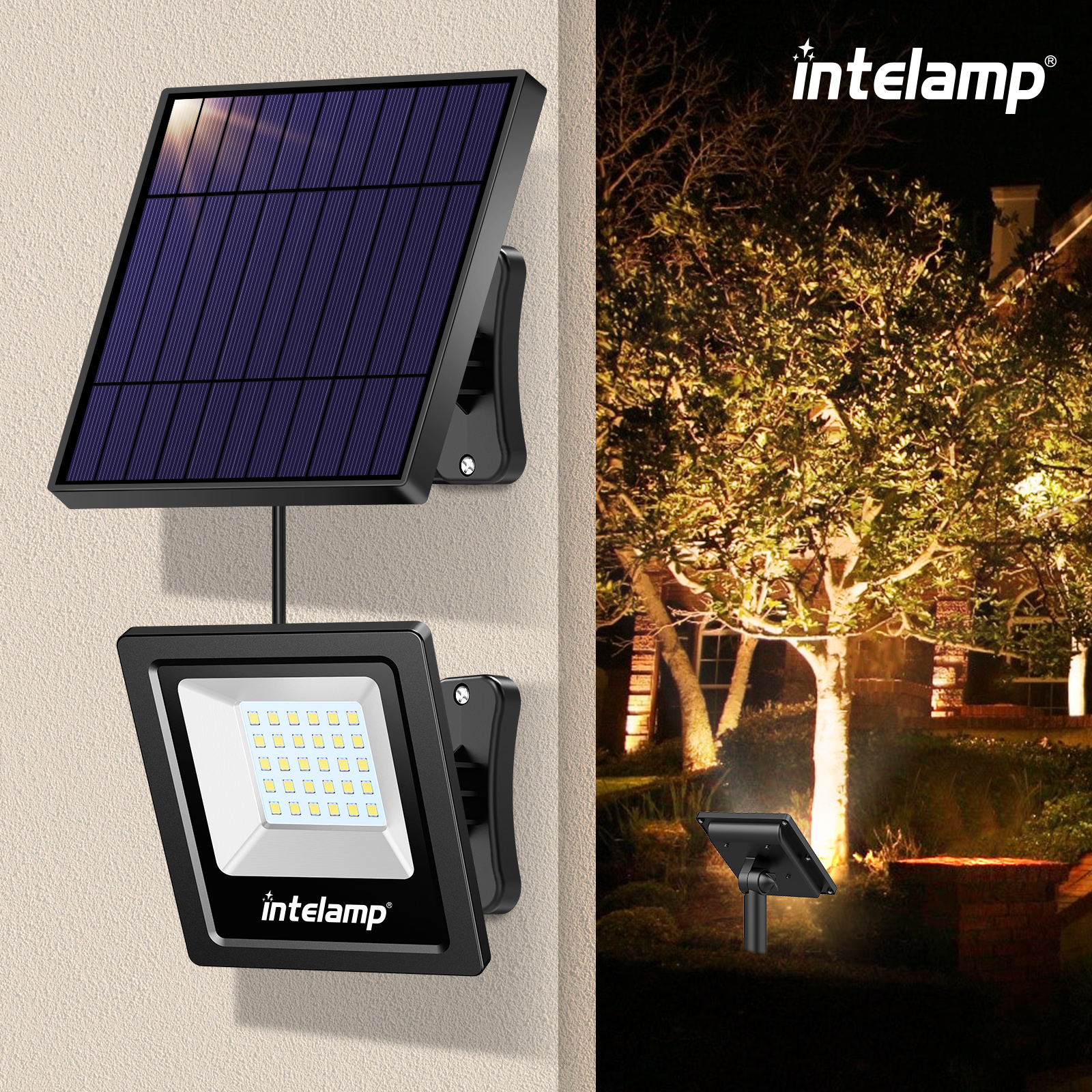 Intelamp Solar Powered Garden LED Flood Spot Lights Waterproof Outdoor Solar up Down Wall Light