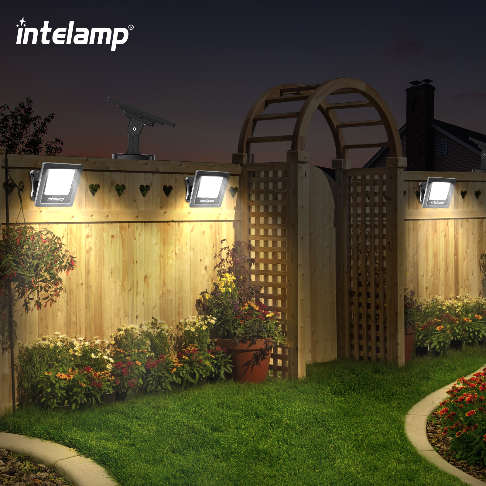 Intelamp Solar Powered Garden LED Flood Spot Lights Waterproof Outdoor Solar up Down Wall Light