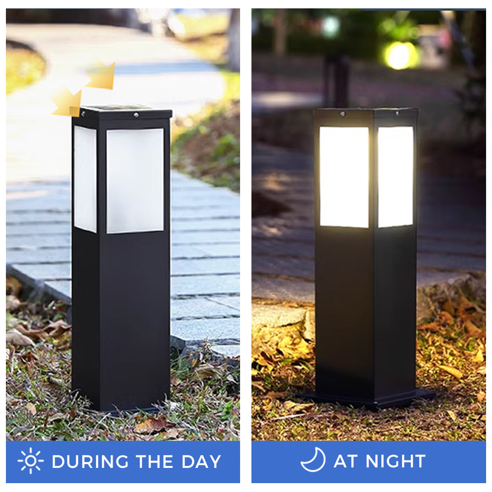 Wholesale Landscape Outdoor Steel Cuboid Solar Bollard Light IP65 Waterproof LED Auto Light Sensor Easy Installation Garden Lawn