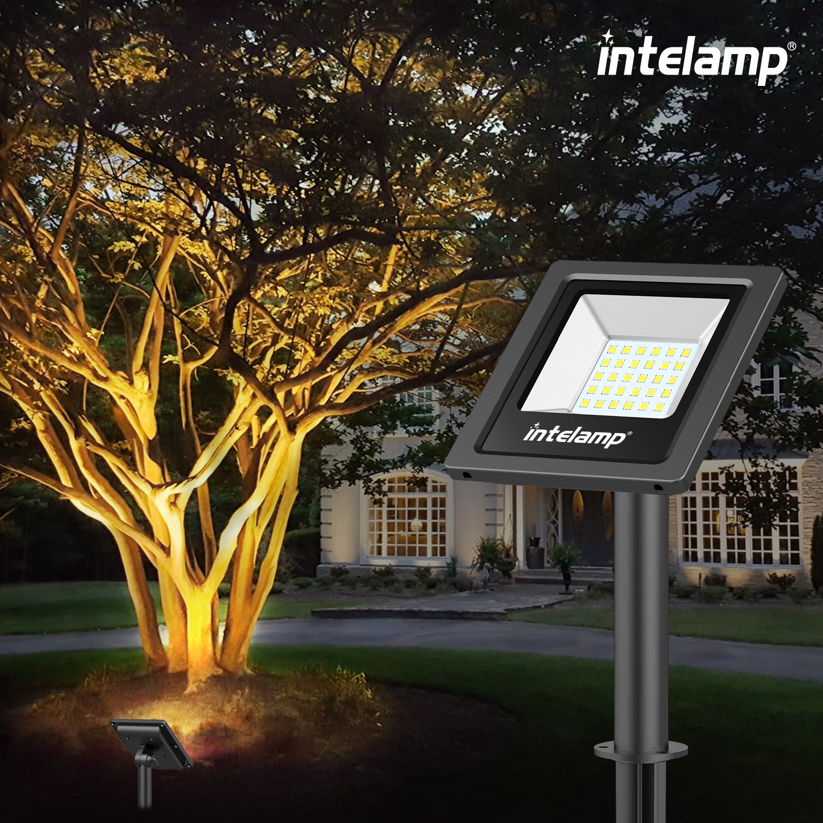 Intelamp Solar Powered Garden LED Flood Spot Lights Waterproof Outdoor Solar up Down Wall Light