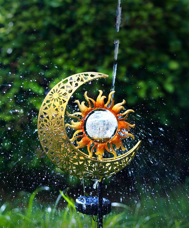 Garden Solar Lights Outdoor Decorative, Sun &amp; Moon Crackle Glass Globe Metal Stake LED Solar Ground Light