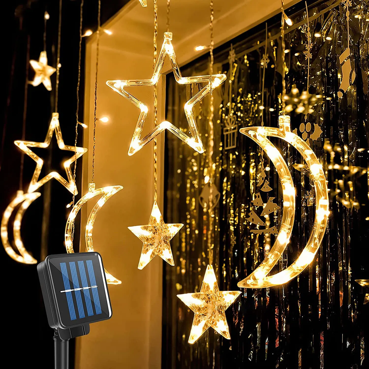 Factory Holiday Solar Icicle Twinkle Star Moon Waterfall Wedding Fairy String Window Christmas Safety LED Curtain String Lights