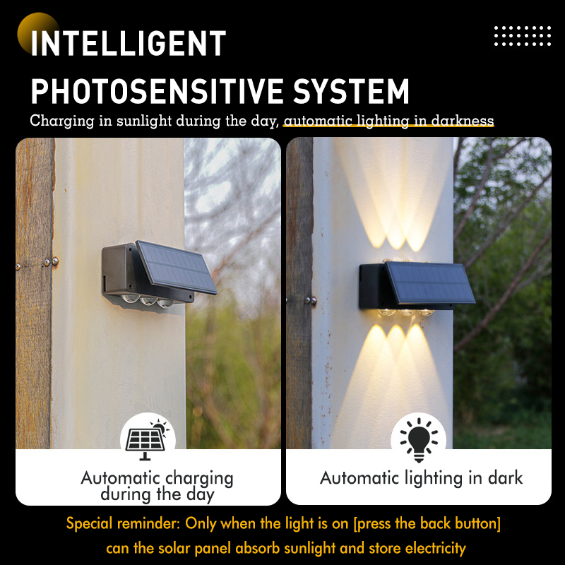 Solar 6LED Square Convex Mirror up and Down Wall Light Outdoor Waterproof Dimmable Courtyard Staircase Wall Washer Lamp