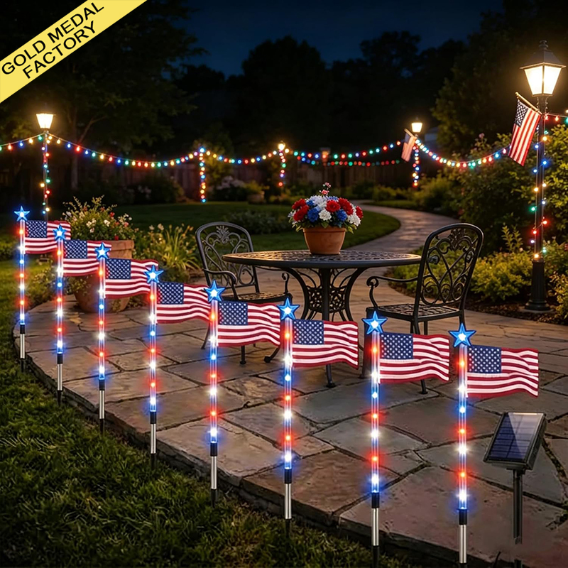Solar American Flag Pathway Lights, 4th of July Decorations Outdoor Solar Patriotic Light for Independence Day 250th Anniversary