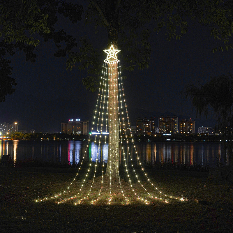 LED Pentagram Waterfall Lights Christmas Hanging Tree Lights Running Lights Outdoor Decorative Lights Patio Remote Control Solar Lights
