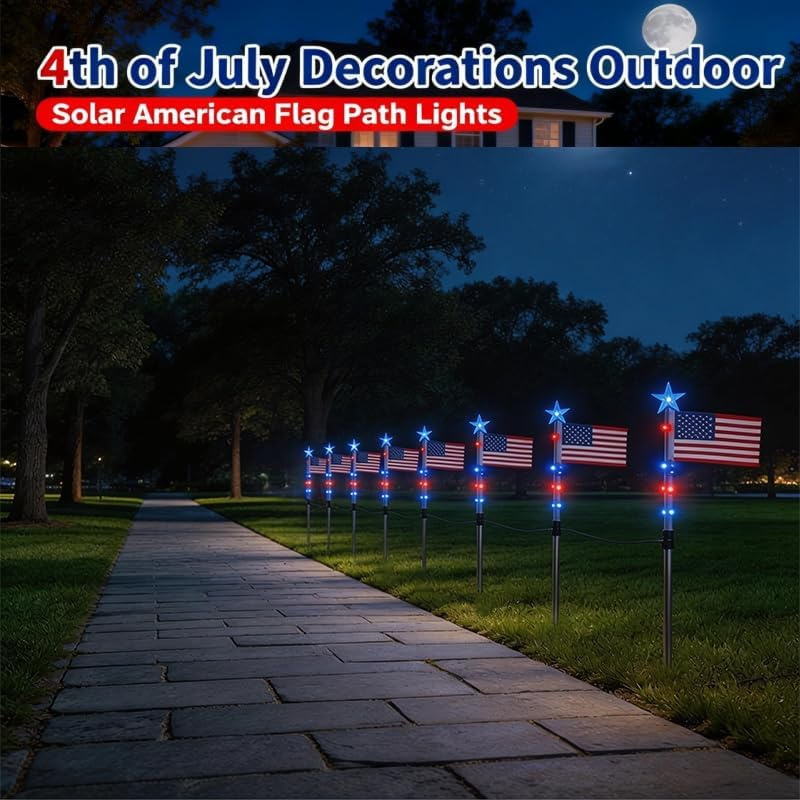 Solar American Flag Pathway Lights, 4th of July Decorations Outdoor Solar Patriotic Light for Independence Day 250th Anniversary