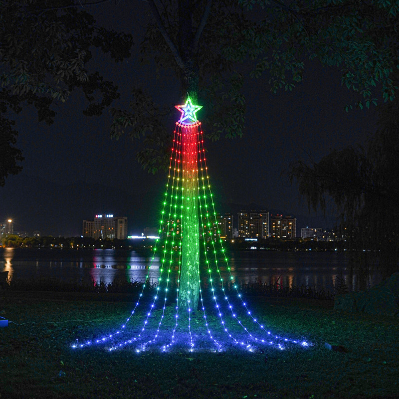 LED Pentagram Waterfall Lights Christmas Hanging Tree Lights Running Lights Outdoor Decorative Lights Patio Remote Control Solar Lights
