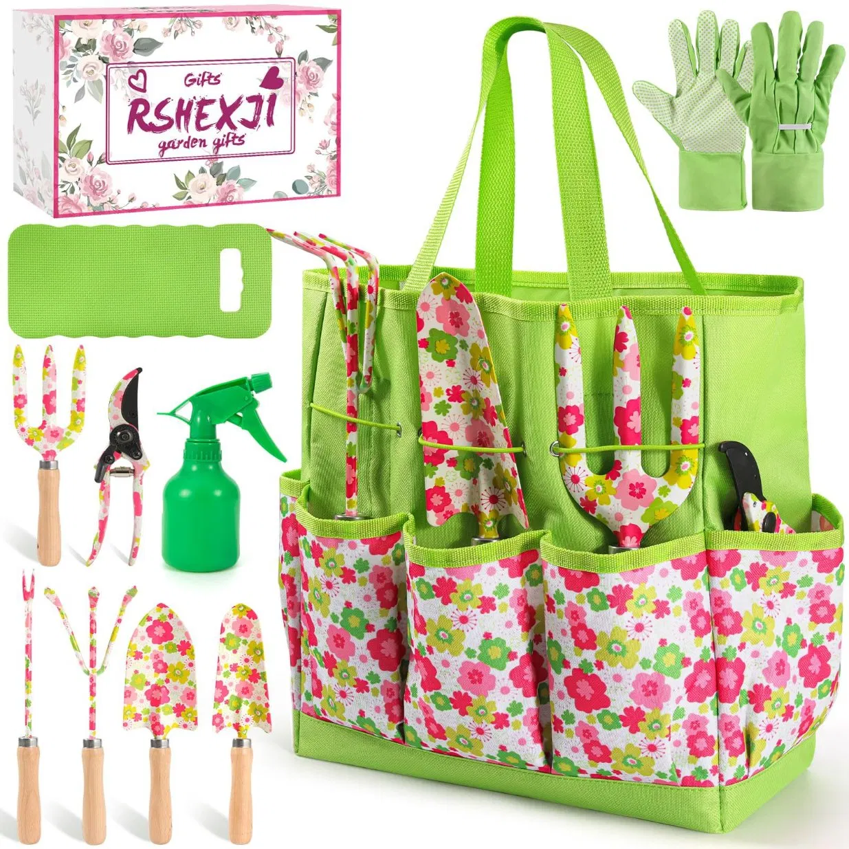 Pink Girls Gardening Gift 10pieces Aluminum Steel Weeder Fork Rake Trowel Pruner Digging Garden Tools with Cute Bag