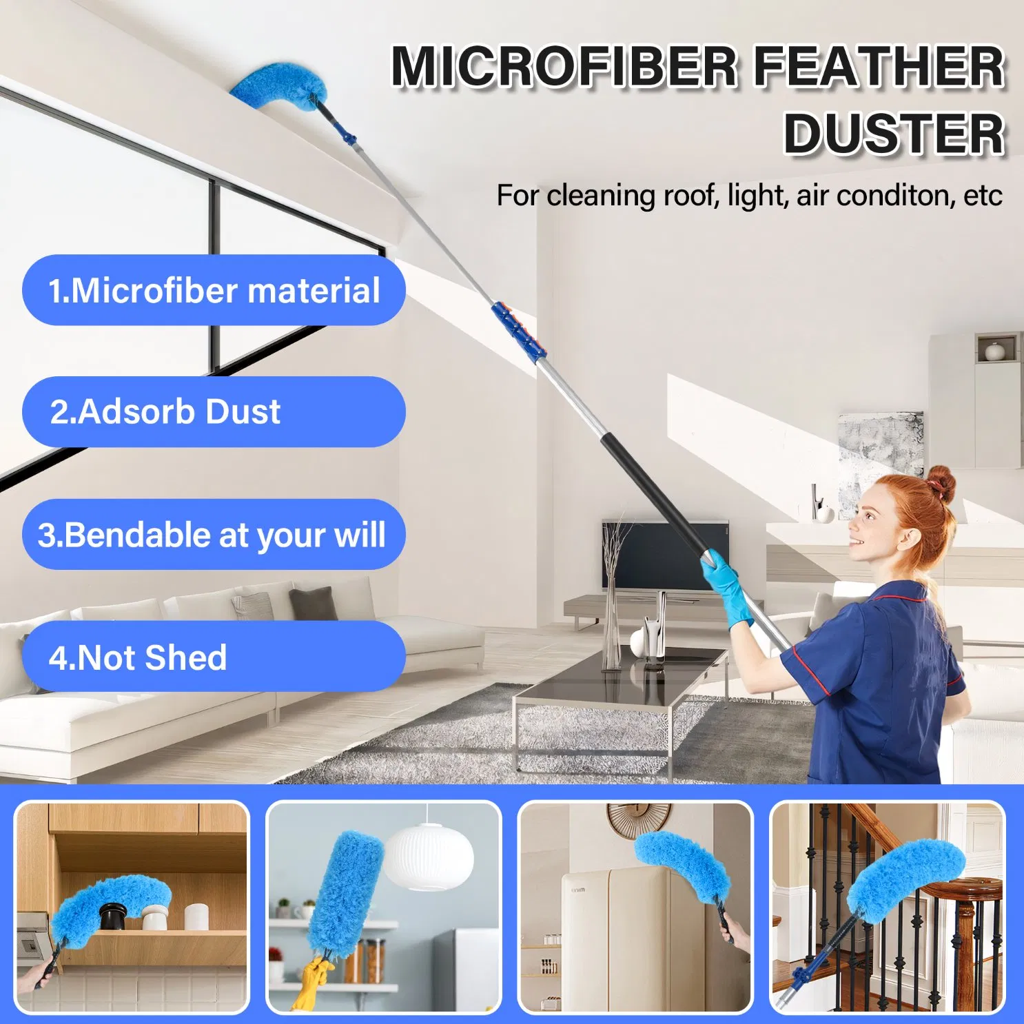 High Reach Telescopic Window Clean Tools Household Microfiber Chenille Cleaning Duster Set
