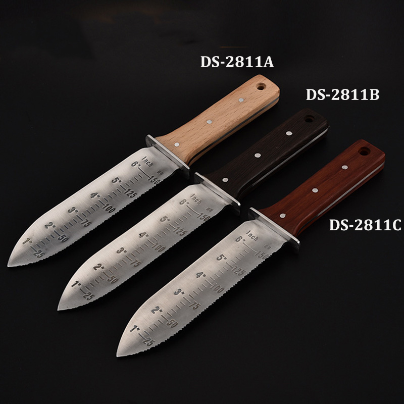 DS-2811B Hori Hori Garden Knife, Garden Tools with Sheath for Weeding, Planting, Digging, 7" Stainless Steel Blade with Cutting Edge, Full-Tang Wood Handle