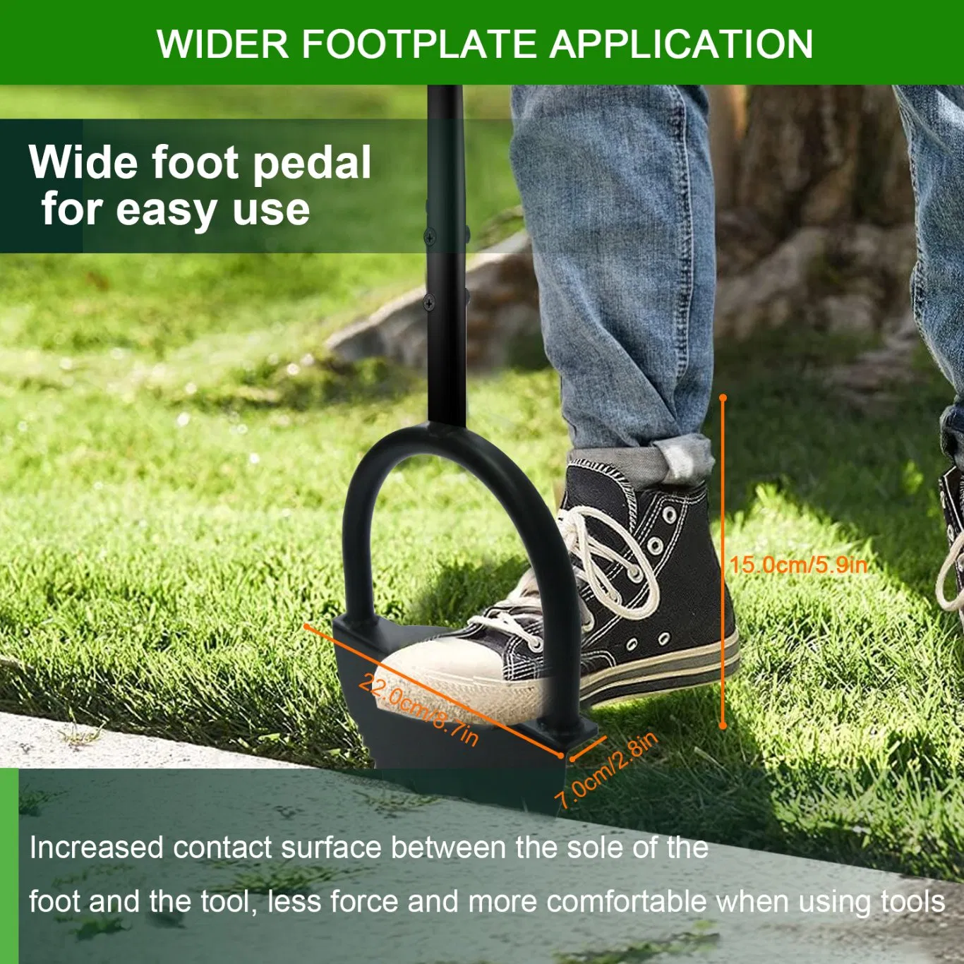 Edger Lawn Tool: Manganese Steel Blade, Long Rubber Handle, Wide Footplate, Rustproof. Half-Moon Design for Garden Maintenance.