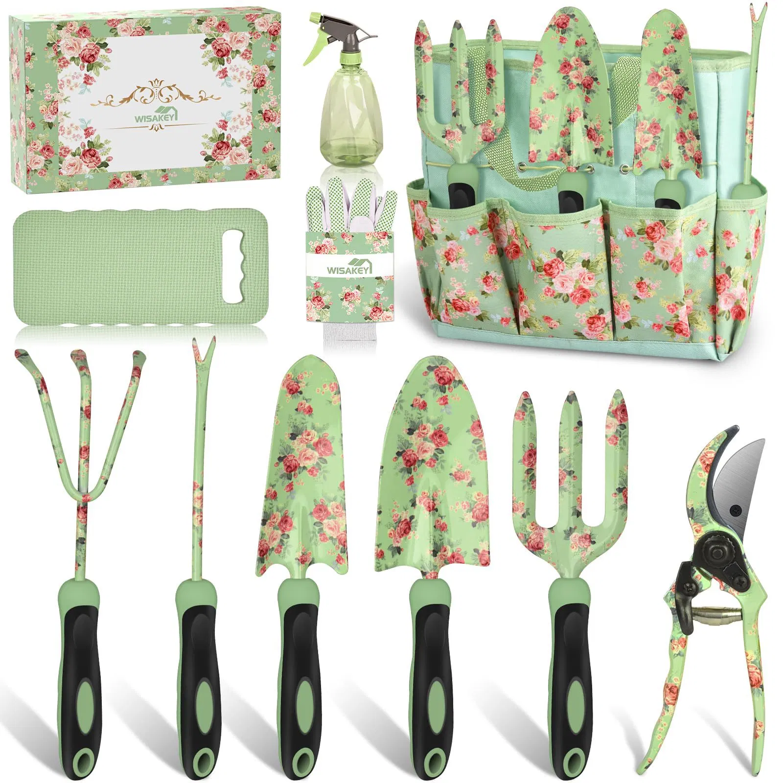 Pink Girls Gardening Gift 10pieces Aluminum Steel Weeder Fork Rake Trowel Pruner Digging Garden Tools with Cute Bag