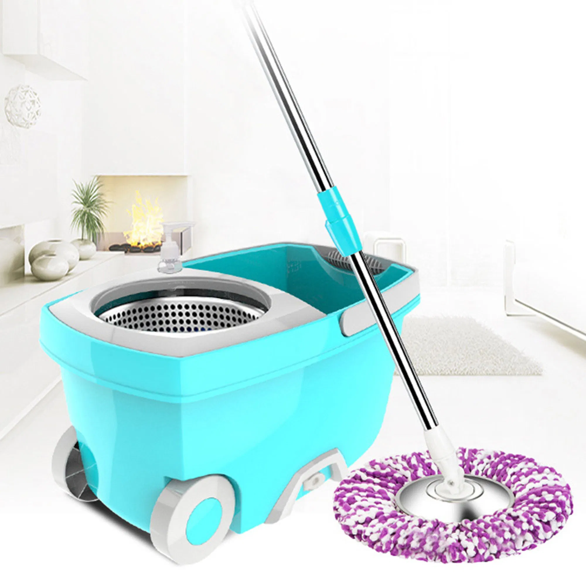 Floor Cleaning System with 6 Microfiber Replacement Head Refills Spin Mop Bucket System