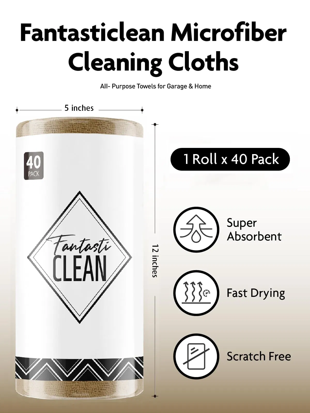 Fantasticlean Reusable 40 Pack Microfiber Rag Cleaning Cloth Tear Away Microfiber Paper Roll Kitchen Cleaning Paper Towels for Home (Tan)