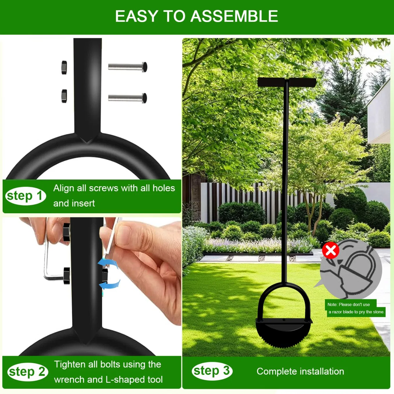 Edger Lawn Tool: Manganese Steel Blade, Long Rubber Handle, Wide Footplate, Rustproof. Half-Moon Design for Garden Maintenance.