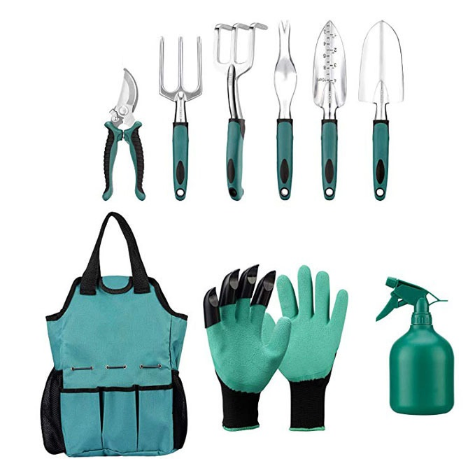 9PC Gardening Tools Set Gardening Planting Tool Set Loose Soil Tool Garden Hand Tools with Bag Digging Gloves Weeder Shovel Fork Rake Sprayer Pruner