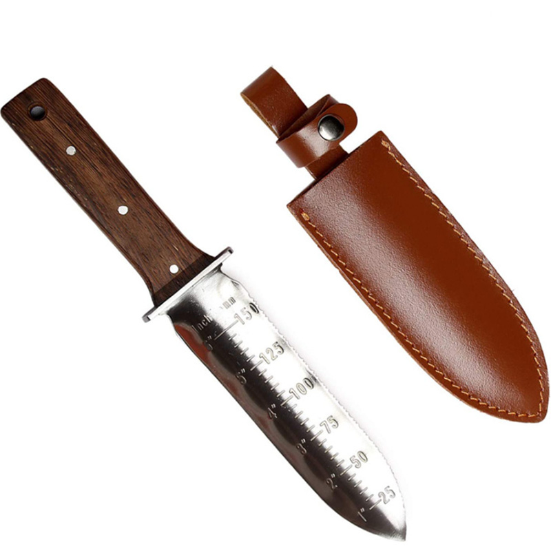 DS-2811B Hori Hori Garden Knife, Garden Tools with Sheath for Weeding, Planting, Digging, 7" Stainless Steel Blade with Cutting Edge, Full-Tang Wood Handle