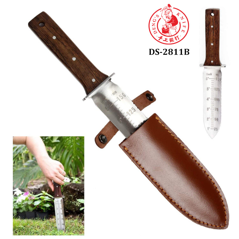 DS-2811B Hori Hori Garden Knife, Garden Tools with Sheath for Weeding, Planting, Digging, 7" Stainless Steel Blade with Cutting Edge, Full-Tang Wood Handle