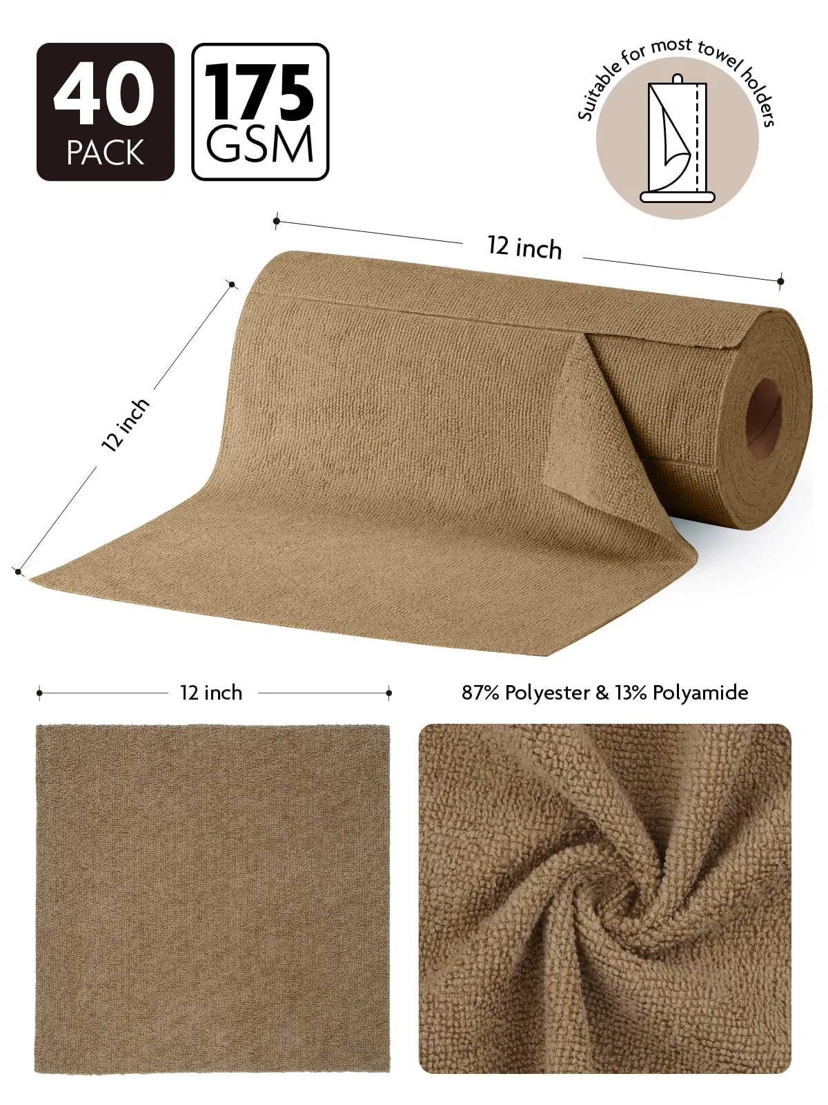 Fantasticlean Reusable 40 Pack Microfiber Rag Cleaning Cloth Tear Away Microfiber Paper Roll Kitchen Cleaning Paper Towels for Home (Tan)