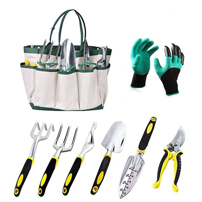 9PC Gardening Tools Set Gardening Planting Tool Set Loose Soil Tool Garden Hand Tools with Bag Digging Gloves Weeder Shovel Fork Rake Sprayer Pruner