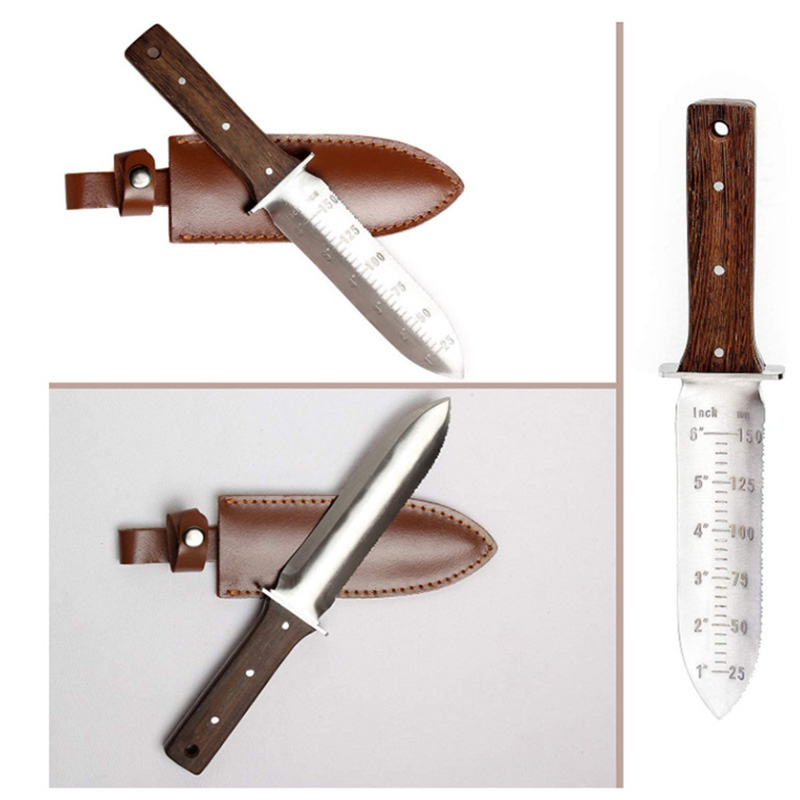 DS-2811B Hori Hori Garden Knife, Garden Tools with Sheath for Weeding, Planting, Digging, 7" Stainless Steel Blade with Cutting Edge, Full-Tang Wood Handle