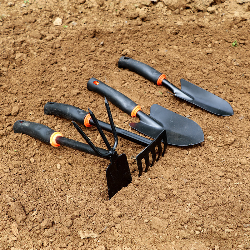 Garden Tools Set Heavy Duty 4 PCS Gardening Hand Iron Garden Shovel for Planting Trowel Cultivator Rake with Ergonomic Non-Slip Rubber Grip Black Gardening Gift