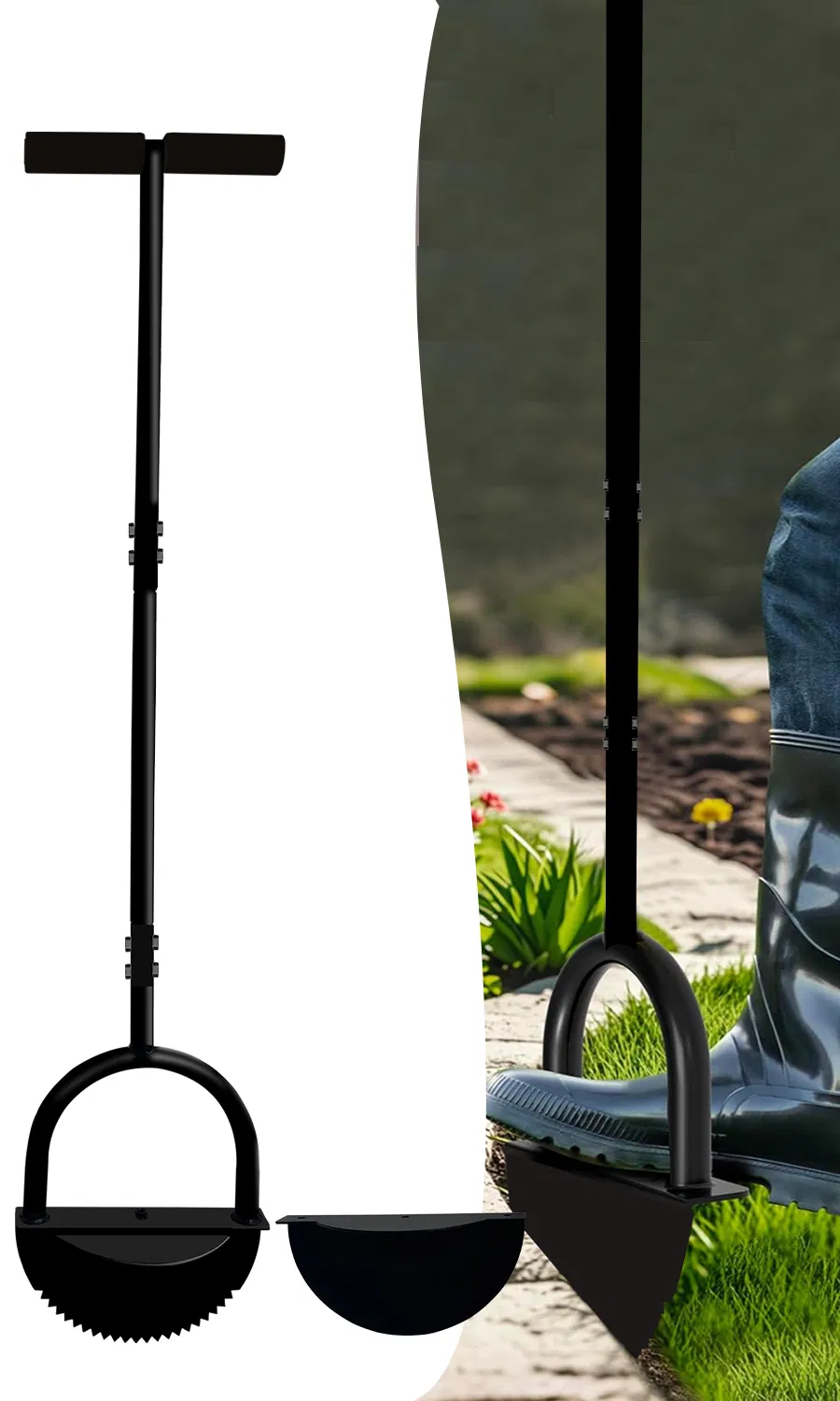 Edger Lawn Tool: Manganese Steel Blade, Long Rubber Handle, Wide Footplate, Rustproof. Half-Moon Design for Garden Maintenance.