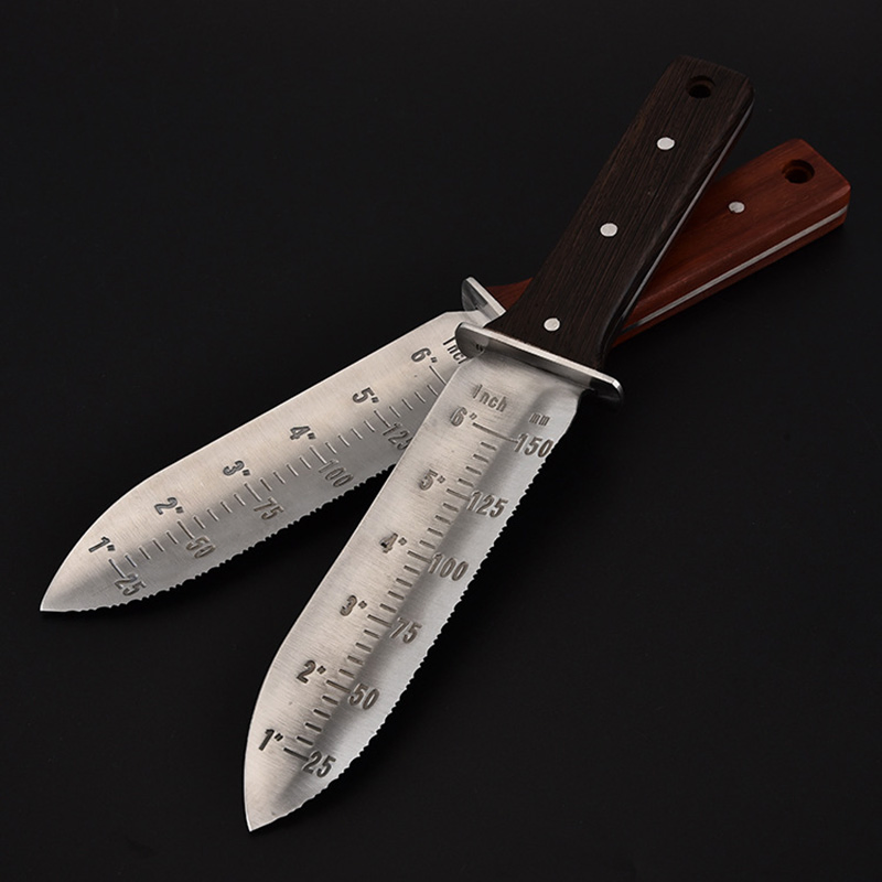 DS-2811B Hori Hori Garden Knife, Garden Tools with Sheath for Weeding, Planting, Digging, 7" Stainless Steel Blade with Cutting Edge, Full-Tang Wood Handle