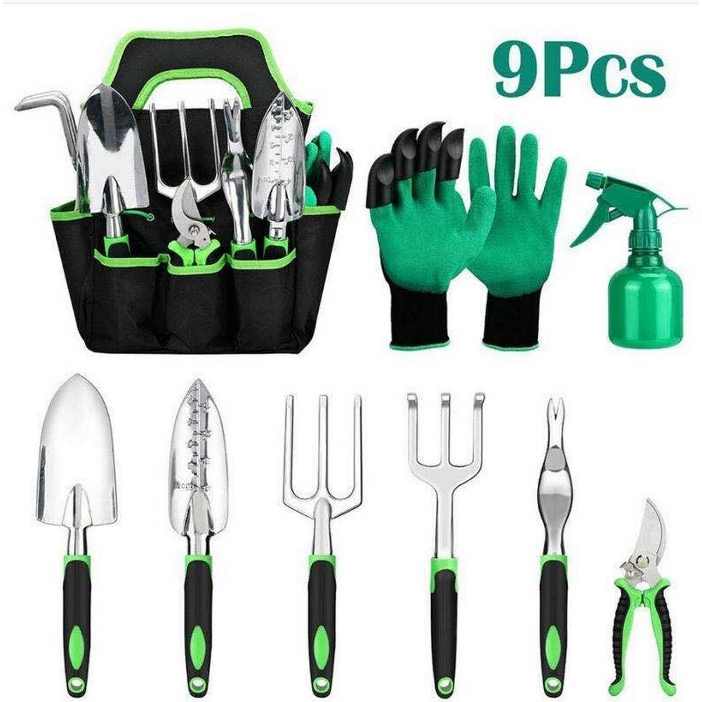 9PC Gardening Tools Set Gardening Planting Tool Set Loose Soil Tool Garden Hand Tools with Bag Digging Gloves Weeder Shovel Fork Rake Sprayer Pruner