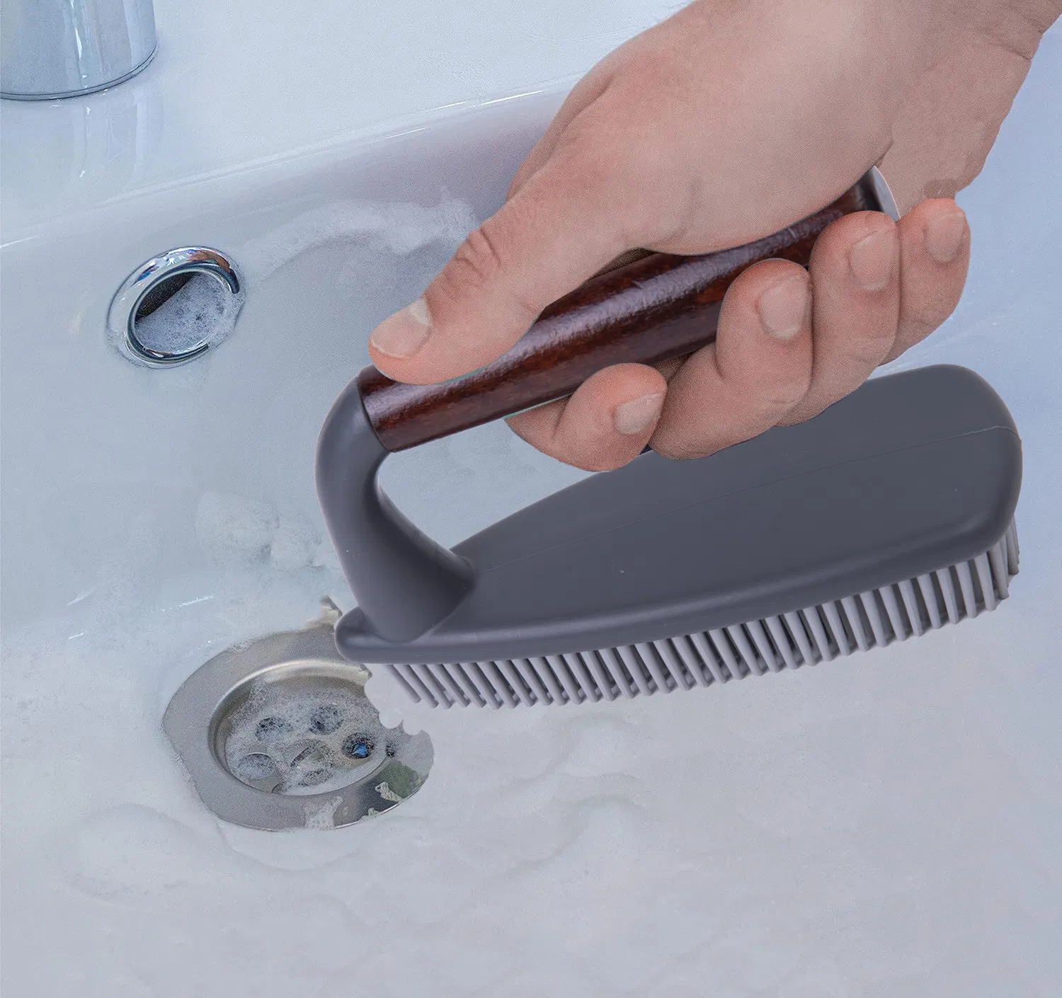 Bathroom Kitchen Non-Scratch Cleaning Scrub Brush with Wooden Ergonomic Handle