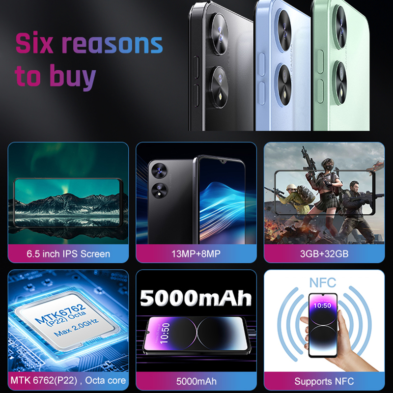 6.517 Inch Original Phone Smartphones Phone Mtk 6765 4G Let Android 13 Cellphones Large Battery Unlocked Dual SIM Mobile Smart Phone