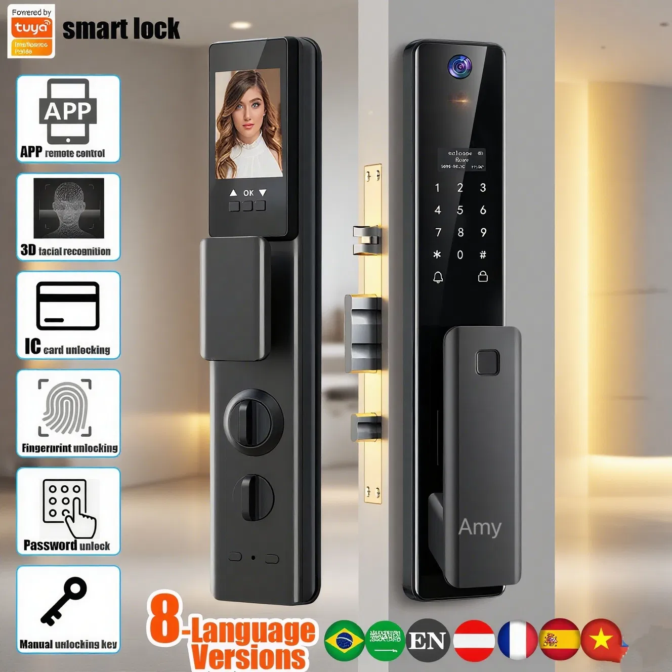 Biometric Digital Cerradura Inteligente 3D Facial Recognition Fingerprint Tuya APP Remote Control Smart Door Lock