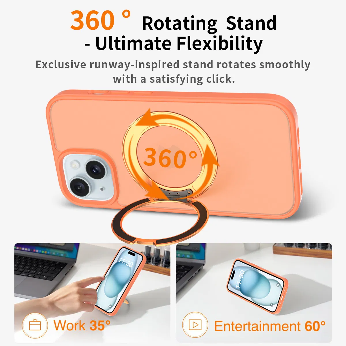 Heavy Duty Drop PC Back Shell 360 Rotating Magsafe Charging Magnetic Phone Case for iPhone 15/15 Plus