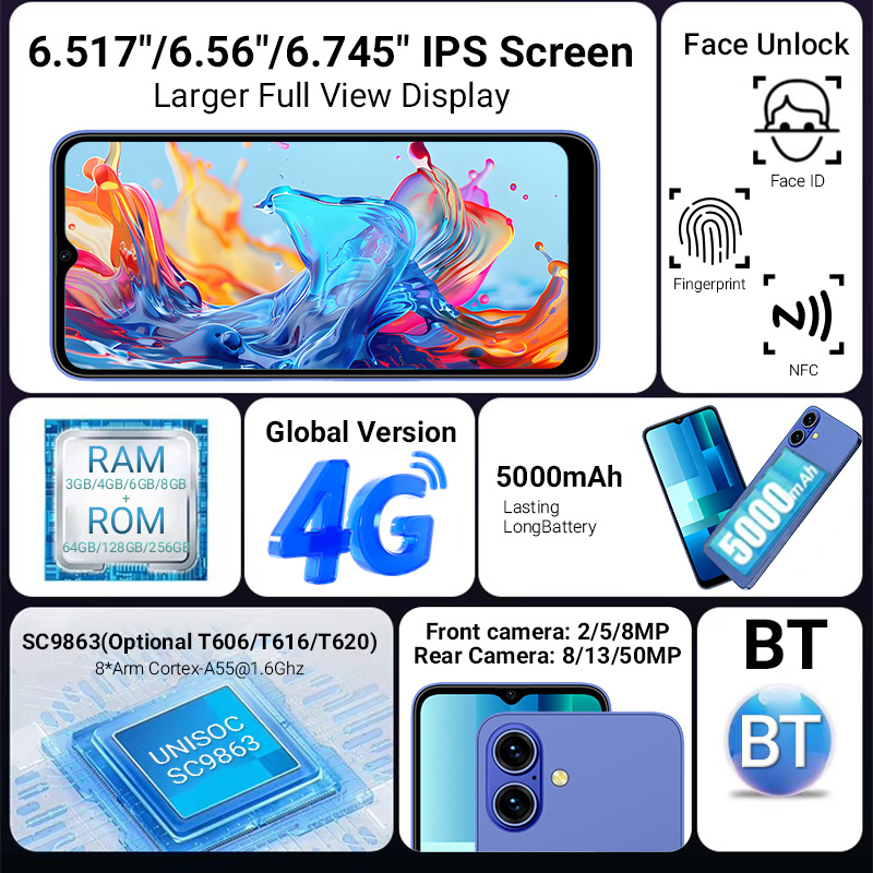 4G 6.7 Inch Dual SIM 5000mAh Long Lasting Battery Fingerprint NFC OS Android 16 Phone