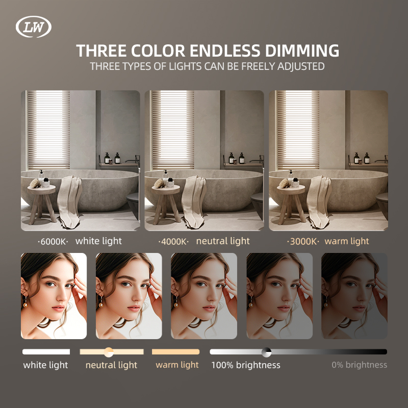 Vanity Decoration Circle Bathroom LED Mirror Frame-Less with Unbreakable Glass Smart Backlit Light LCD Screen Sleek Furniture