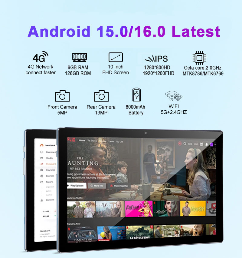 10 Inch Screen Android 15 Tablet PC Mtk6769 Mtk8786 Octa Core 2.0GHz 2GB 32GB 1280*800/1920*1200FHD Gms WiFi 4G LTE Calling Restaurant Food Ordering Tablet