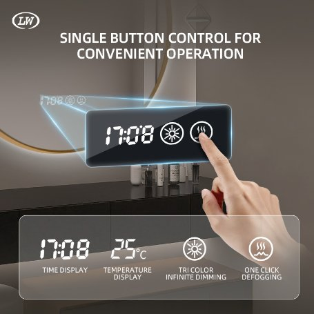 Vanity Decoration Circle Bathroom LED Mirror Frame-Less with Unbreakable Glass Smart Backlit Light LCD Screen Sleek Furniture