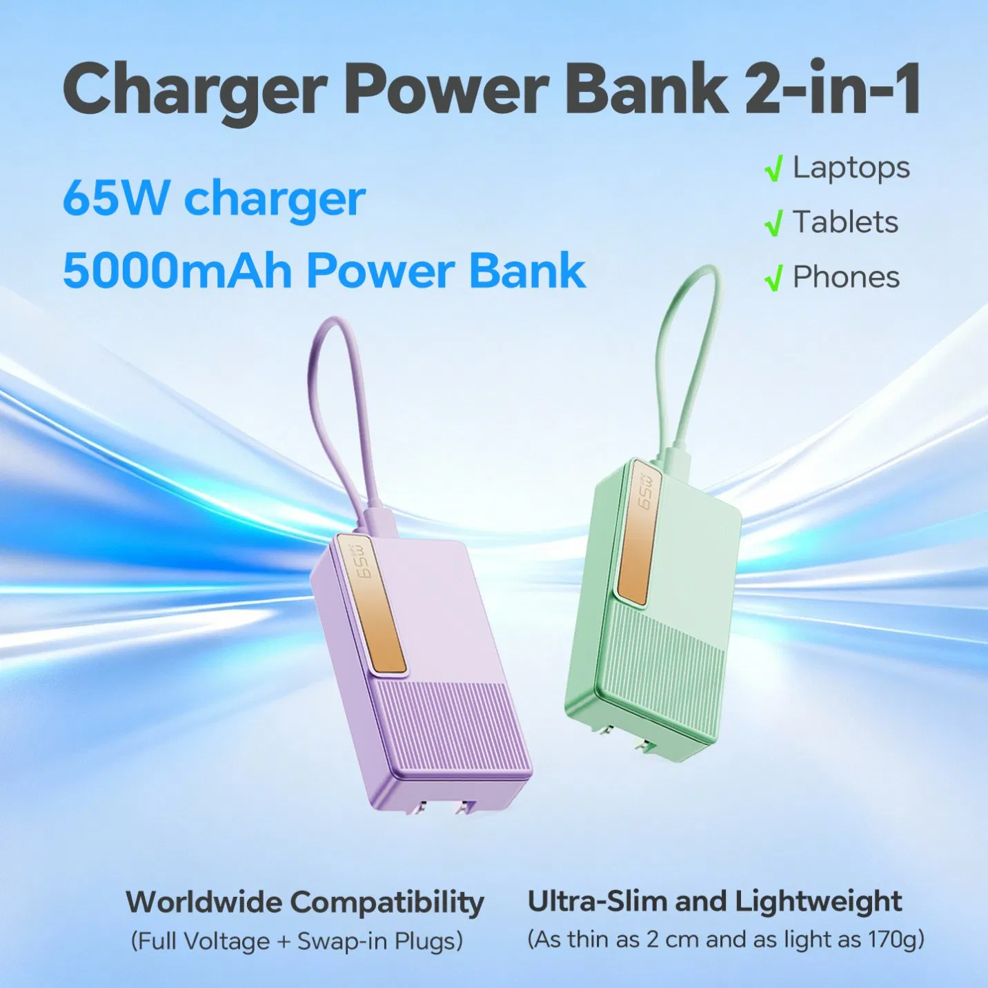 Long Lasting Fast Charge Solid Construction 65W GaN Pd Wall Plug Charger for Smartphones