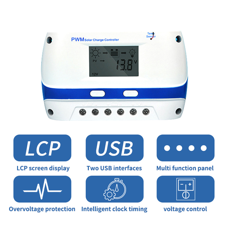 Sunseeker 30A PWM Solar Charge Controller 12 24V Auto Solar Panel Charge Regulator with Load Timer with LCD Display MPPT Charge Control