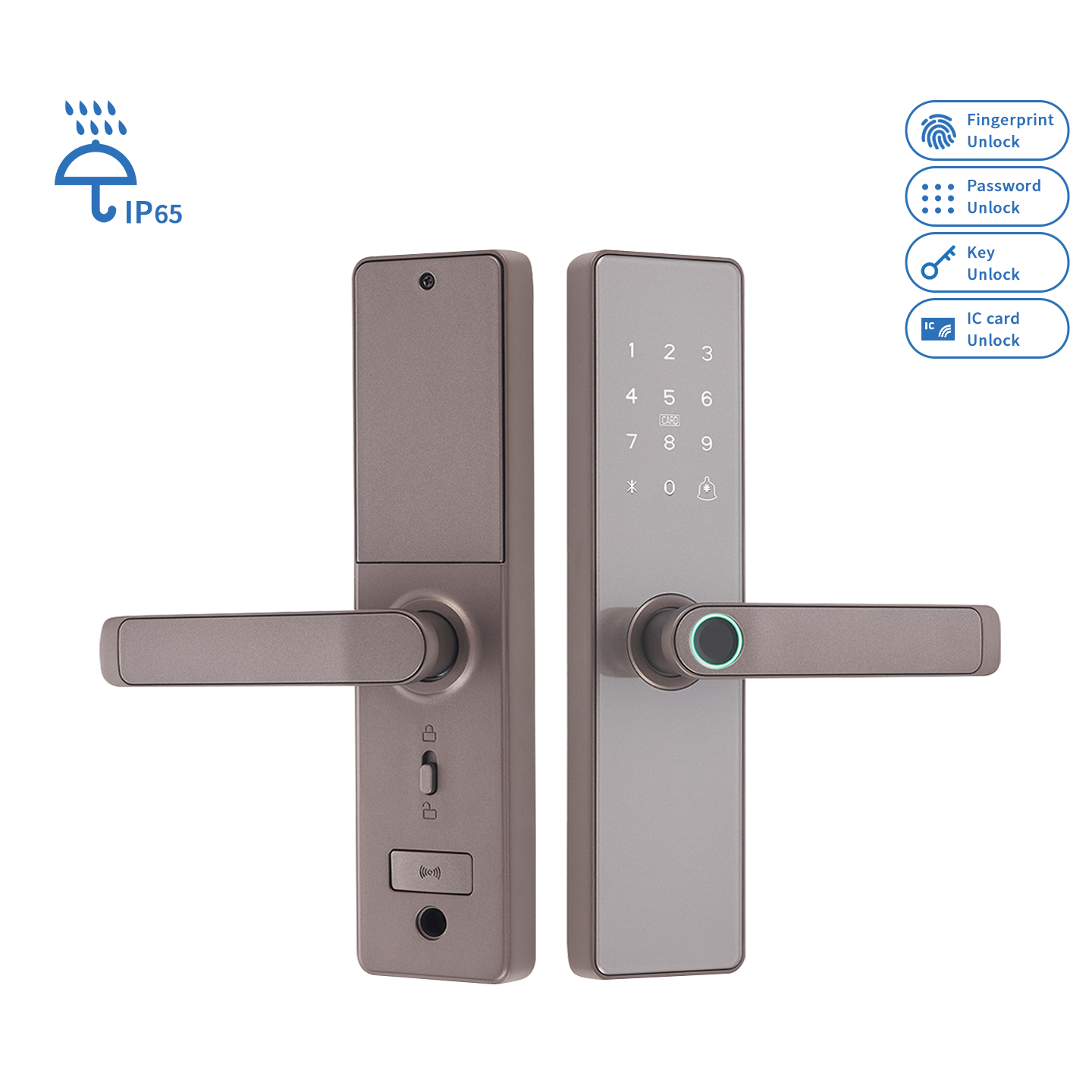 Smart Electric Fingerprint Password Card Safe Digital Wood Door Brown Handle Lock with Keypad for Studio Office Home Door