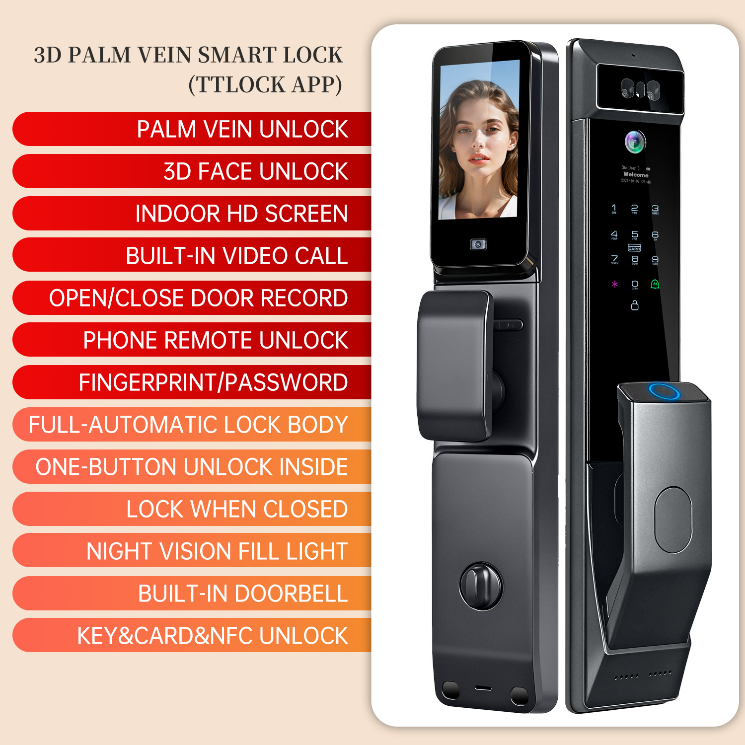 Palm Vein Intelligent Face Recognition Door Lock Digital Biometric Fingerprint Smart Door Lock with Camera