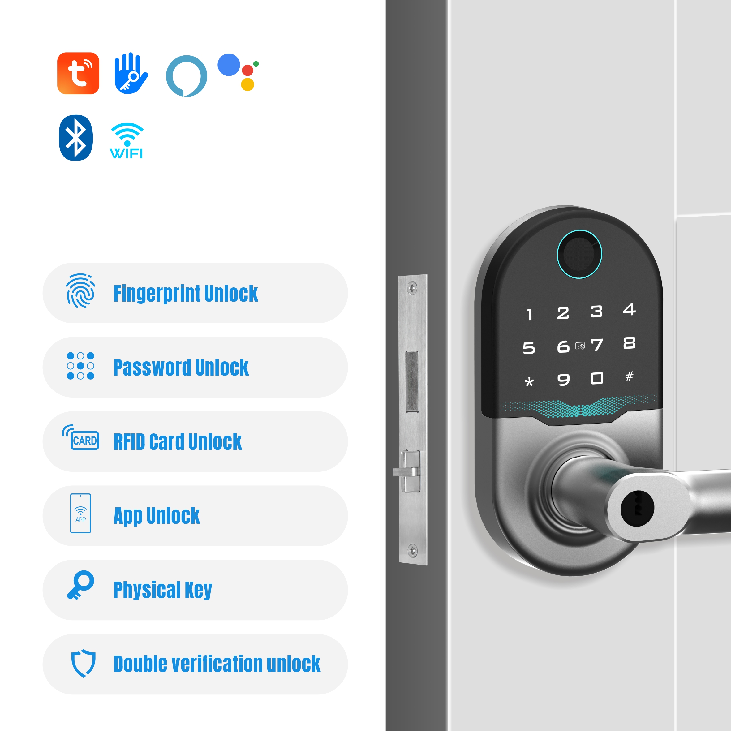 HUNE New Arrival Smart Deadbolt Door Lock Tuya Fingerprint Digital WiFi Lock With Handle Physical Keypad Electronic Smart Lock