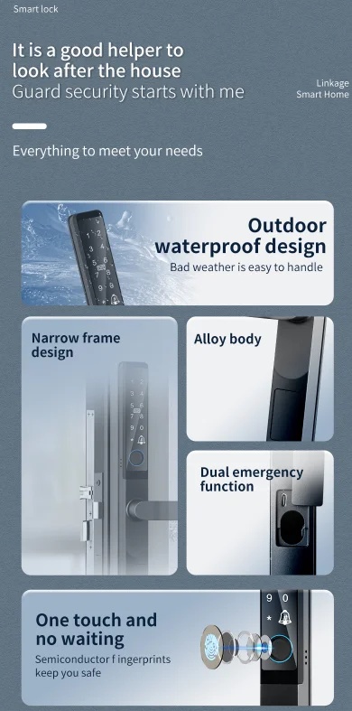 Slim Smart Aluminum Door Lock Waterproof IP66 2085 2585 3092 Mortise TUYA Ttlock Fingerprint Reversible for Grill UPVC Door