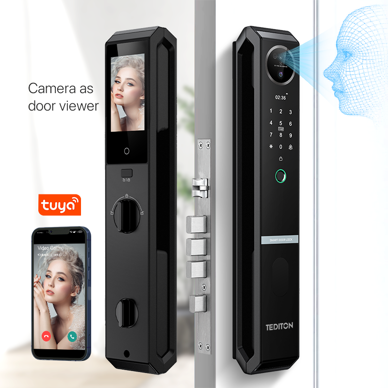 Intelligent Digital Tuya Wifi Audio Real Intercom Keyless Entry Electronic 3D Face Fingerprint Smart Door Lock With Camera