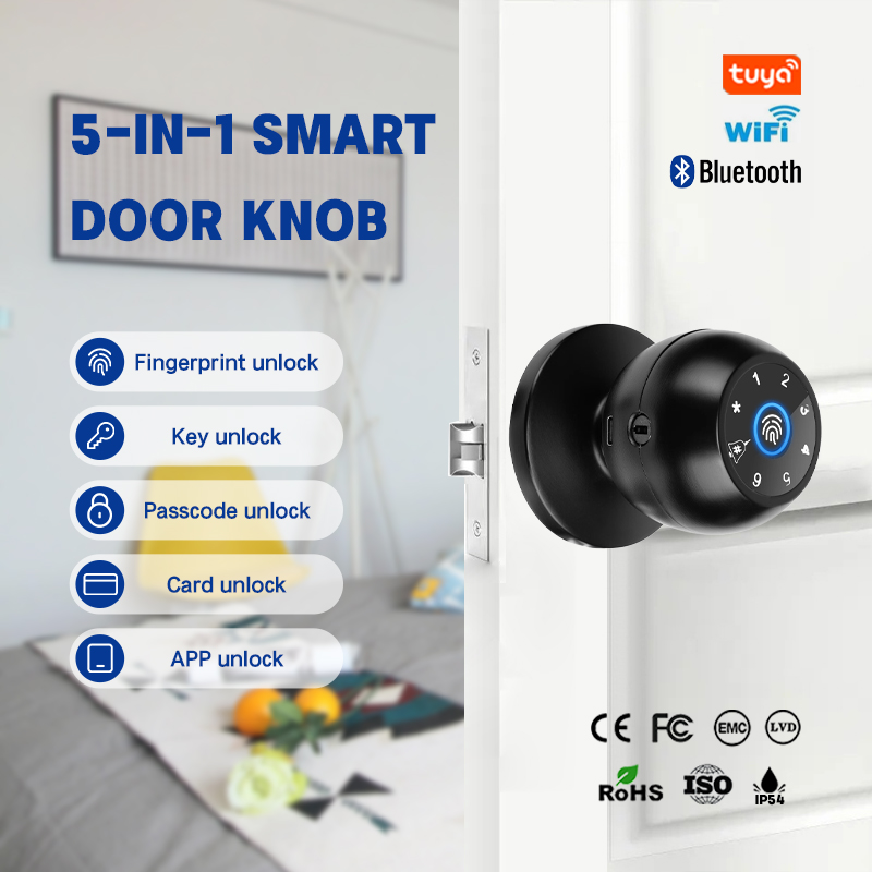 Aurelysse Round Ball Knob Smart Lock Fingerprint Password Digital Door Lock for Home Office Apartment Keyless Intelligent Lock