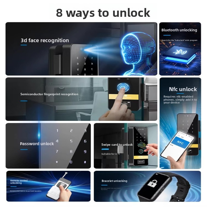 KOB KT-L8000 Glass Door Fingerprint Facial Recognition Smart Lock App Control-No Drilling Required Framed/Frameless